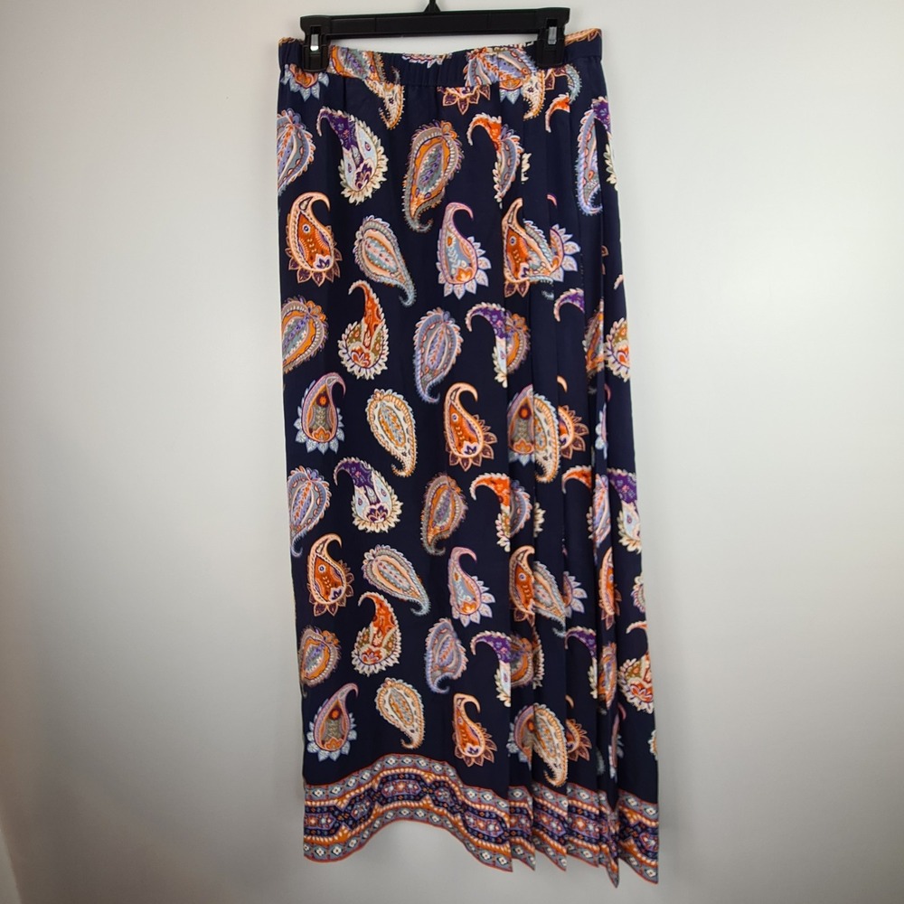 Tory Burch Etno Paisley Printed 100% Silk Pleated Maxi Skirt Medium (8-10*) Navy